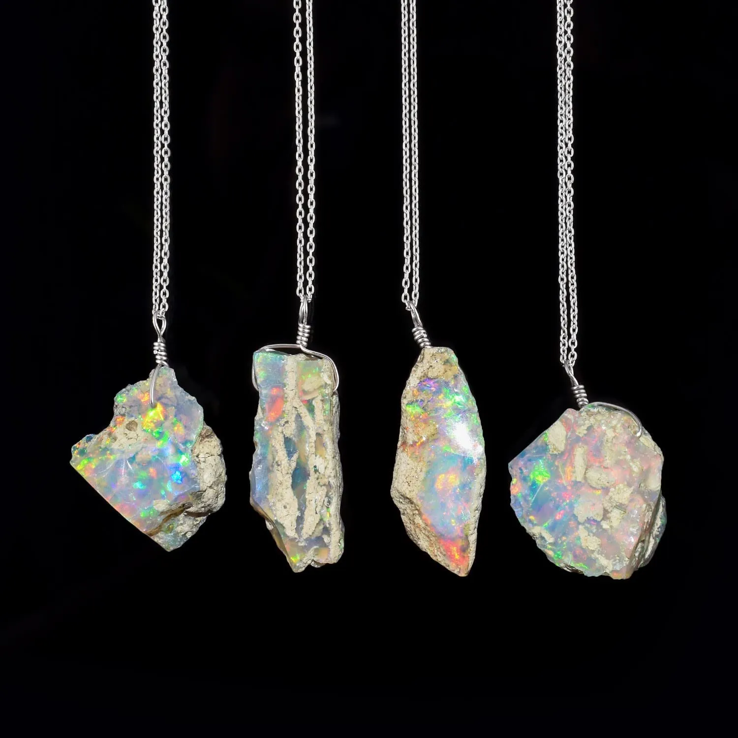 AA Ultra Fire Raw Ethiopian Opal Gemstone Rough Necklace for Women, Healing Stone October Birthstone, Chakra Crystal, Handmade Jewelry, Rhodium Plated 925 Sterling Silver Chain 20 inch, Gift for Her.