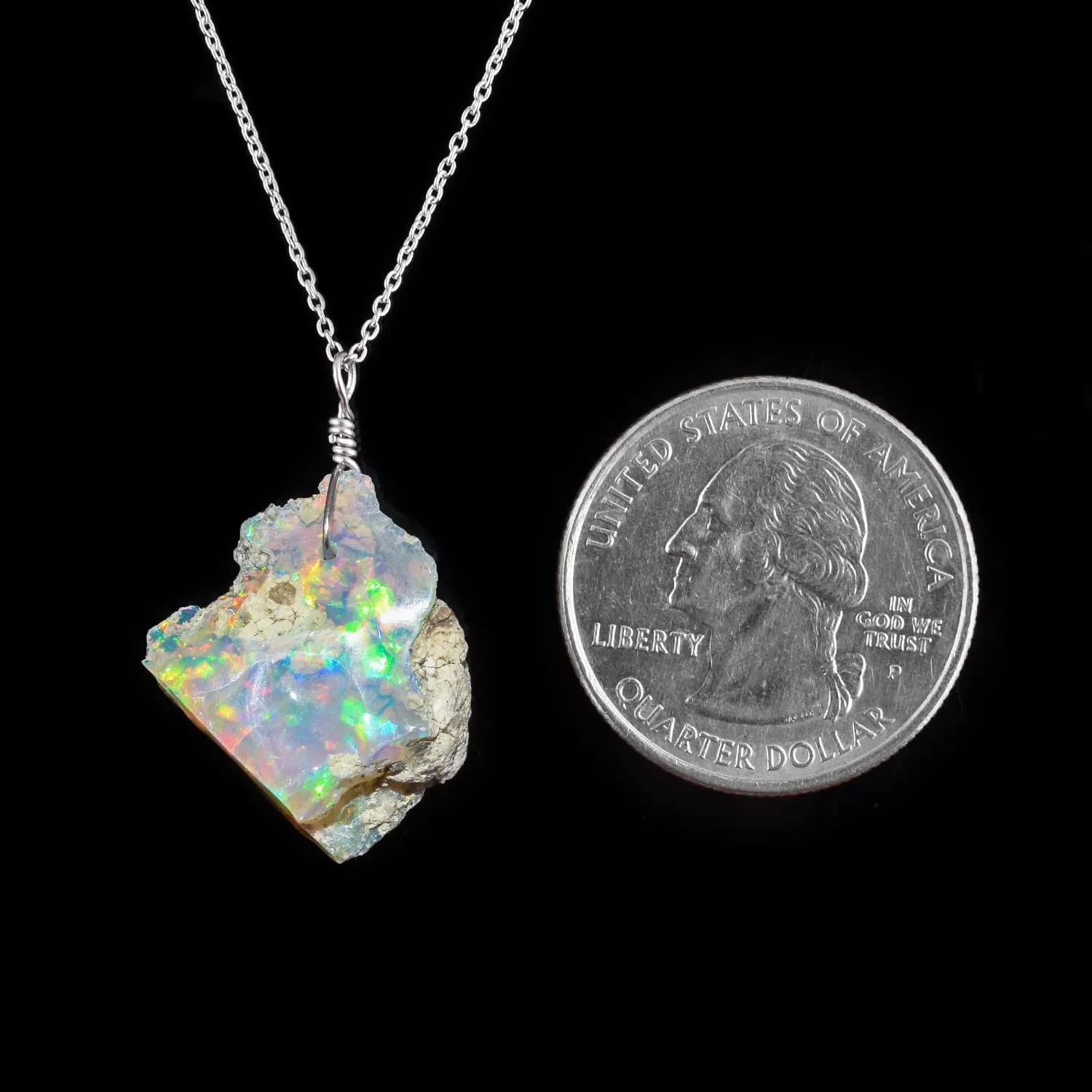 AA Ultra Fire Raw Ethiopian Opal Gemstone Rough Necklace for Women, Healing Stone October Birthstone, Chakra Crystal, Handmade Jewelry, Rhodium Plated 925 Sterling Silver Chain 20 inch, Gift for Her.