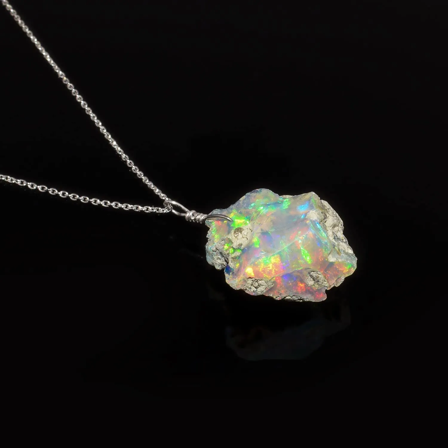 AA Ultra Fire Raw Ethiopian Opal Gemstone Rough Necklace for Women, Healing Stone October Birthstone, Chakra Crystal, Handmade Jewelry, Rhodium Plated 925 Sterling Silver Chain 20 inch, Gift for Her.