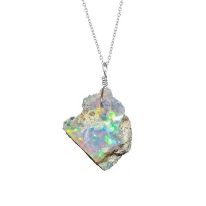 AA Ultra Fire Raw Ethiopian Opal Gemstone Rough Necklace for Women, Healing Stone October Birthstone, Chakra Crystal, Handmade Jewelry, Rhodium Plated 925 Sterling Silver Chain 20 inch, Gift for Her.