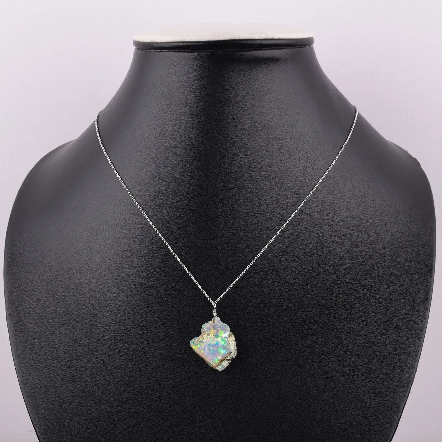 AA Ultra Fire Raw Ethiopian Opal Gemstone Rough Necklace for Women, Healing Stone October Birthstone, Chakra Crystal, Handmade Jewelry, Rhodium Plated 925 Sterling Silver Chain 20 inch, Gift for Her.
