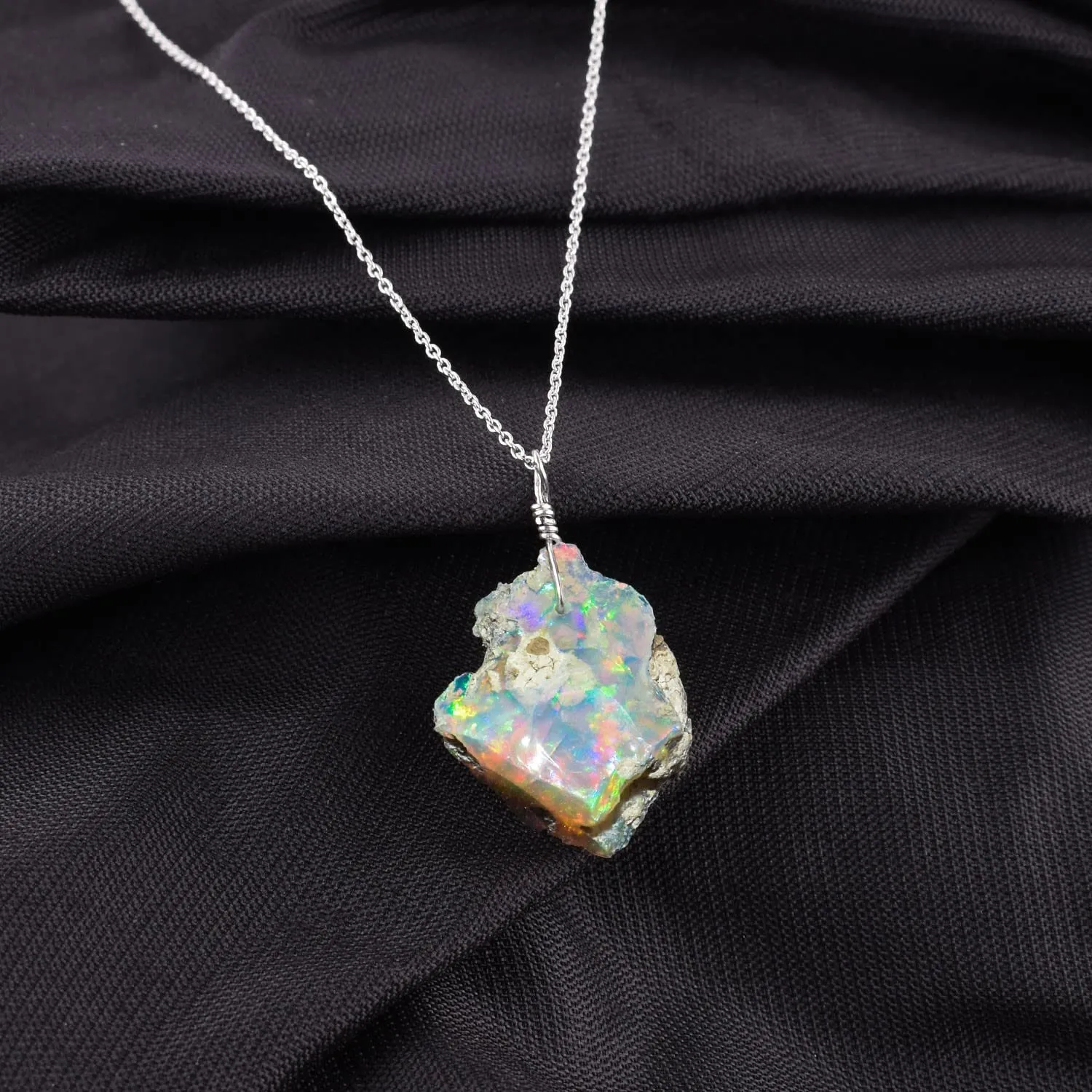 AA Ultra Fire Raw Ethiopian Opal Gemstone Rough Necklace for Women, Healing Stone October Birthstone, Chakra Crystal, Handmade Jewelry, Rhodium Plated 925 Sterling Silver Chain 20 inch, Gift for Her.