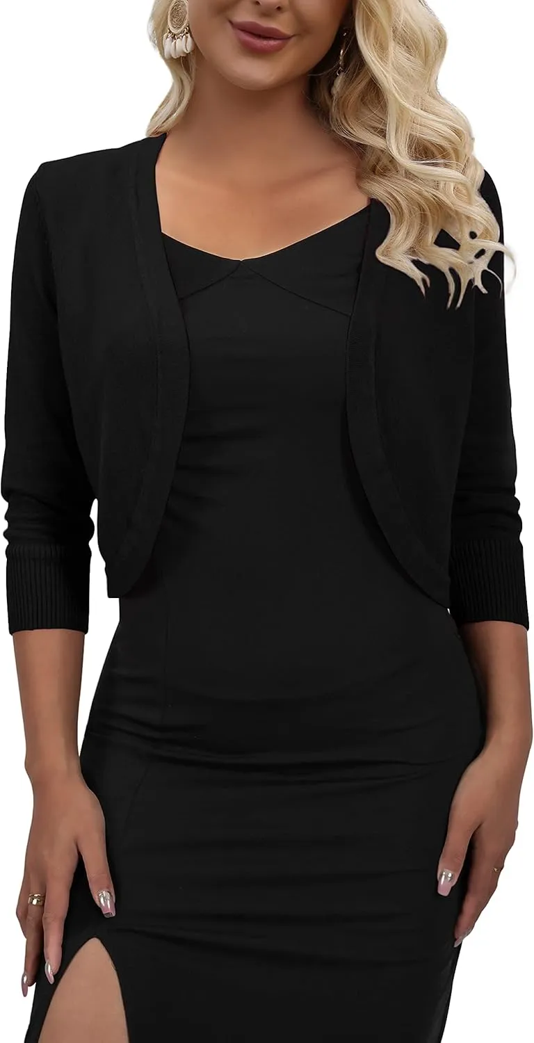 AAMILIFE Women's 3/4 Sleeve Cropped Cardigans Sweater Open Front Short Shrugs