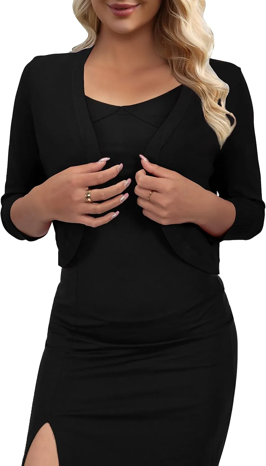 AAMILIFE Women's 3/4 Sleeve Cropped Cardigans Sweater Open Front Short Shrugs