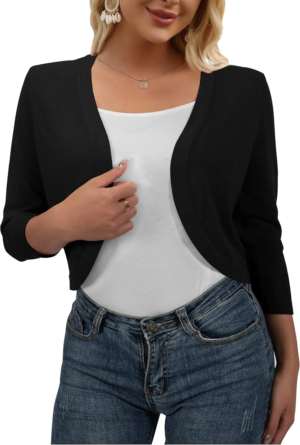 AAMILIFE Women's 3/4 Sleeve Cropped Cardigans Sweater Open Front Short Shrugs