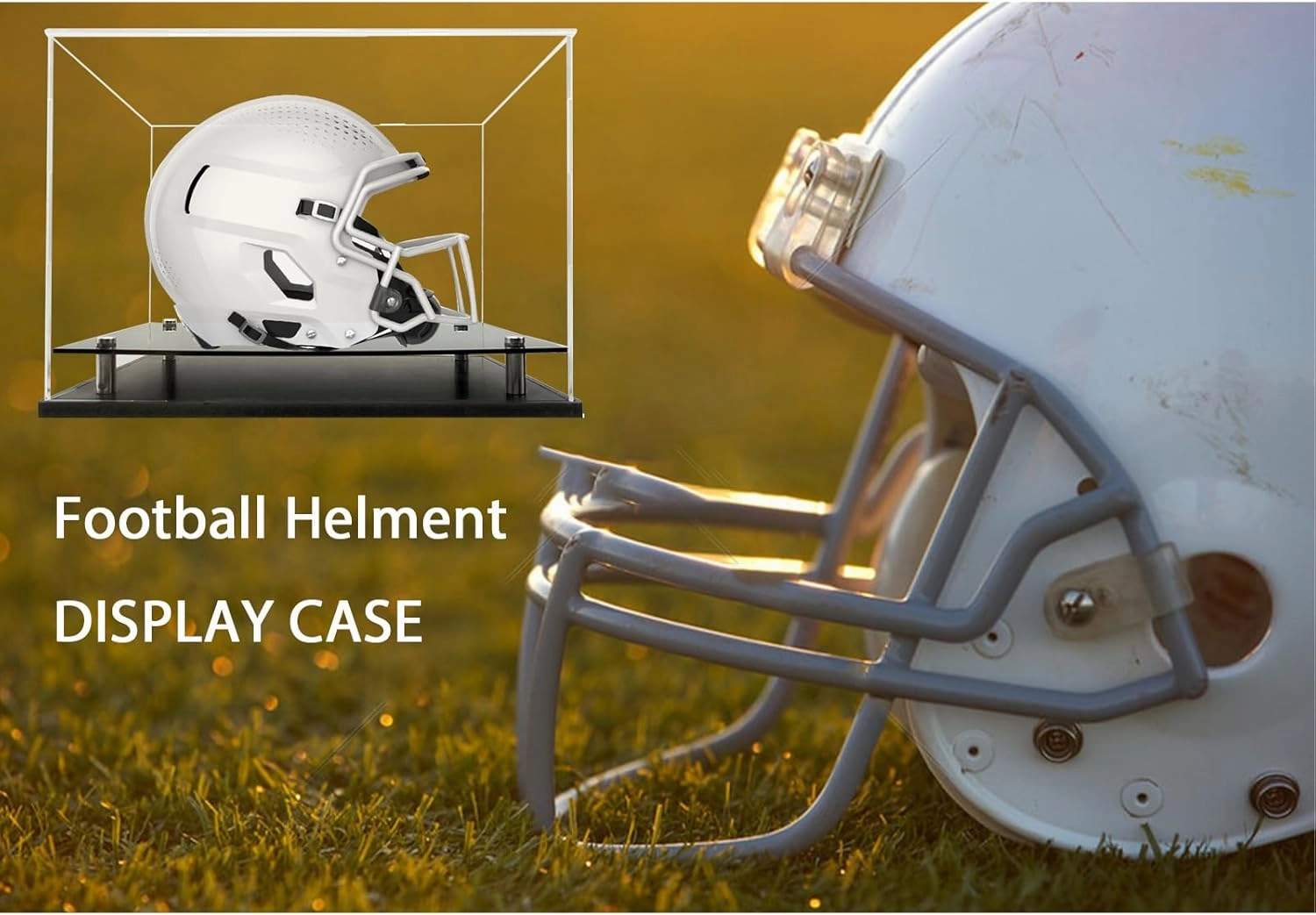 Acrylic Football Helmet Cases Features a PVC Base with Silver risers,Football Helmet Case Full Size Free Name Plate,Helmet case Display case Full Size UV Protection.（Need Assembly）