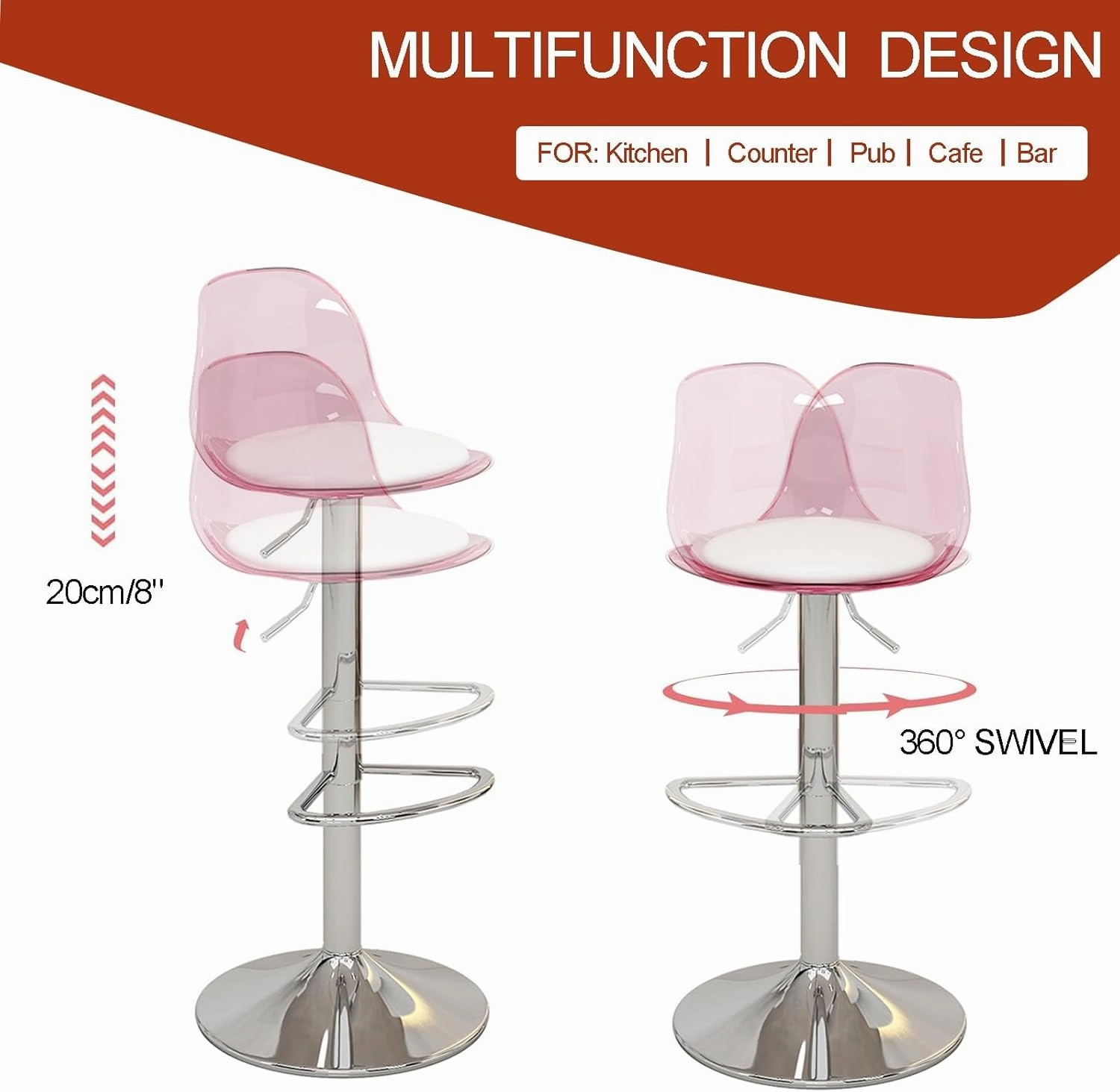 Acrylic Swivel Barstools Set of 2, PU Leather Seat with Clear Back, Armless Hydraulic Kitchen Counter Height Bar Stools,for Kitchen,Restaurant,Bar (Color : Clear Blue)
