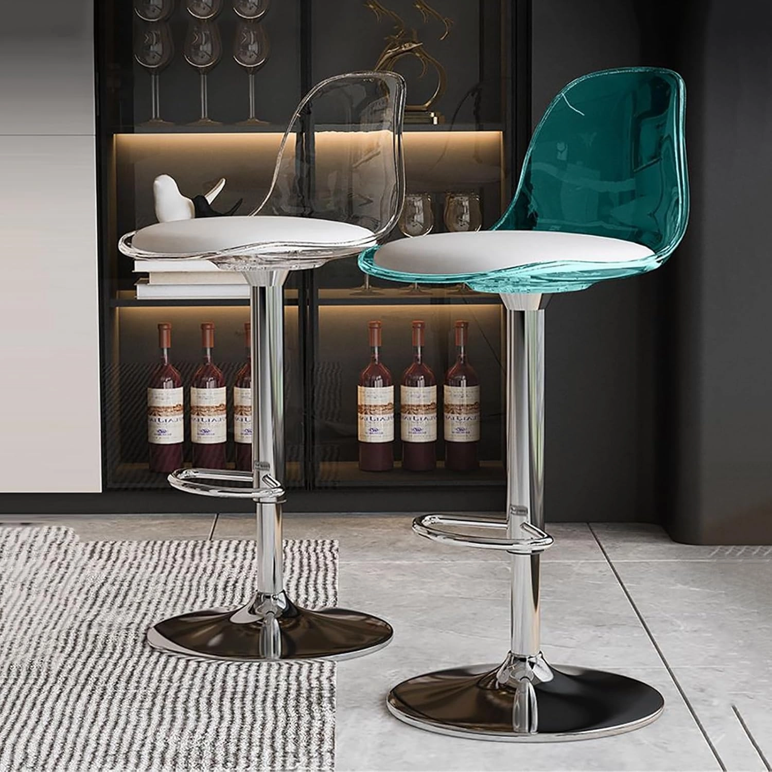 Acrylic Swivel Barstools Set of 2, PU Leather Seat with Clear Back, Armless Hydraulic Kitchen Counter Height Bar Stools,for Kitchen,Restaurant,Bar (Color : Clear Blue)