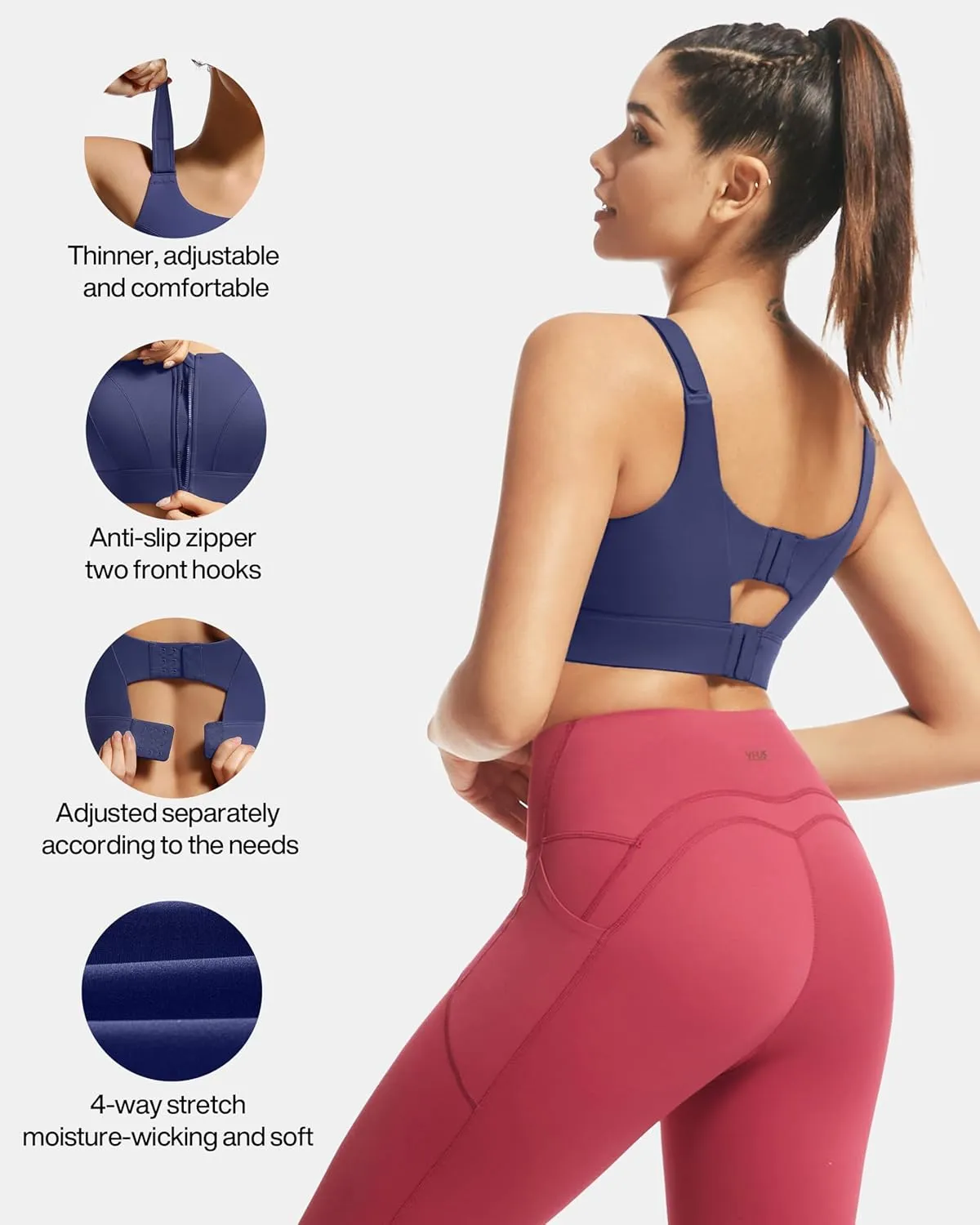 Adjustable High Impact Sports Bras for Women Zip Front Full Coverage and Lift Padded Compression Tops