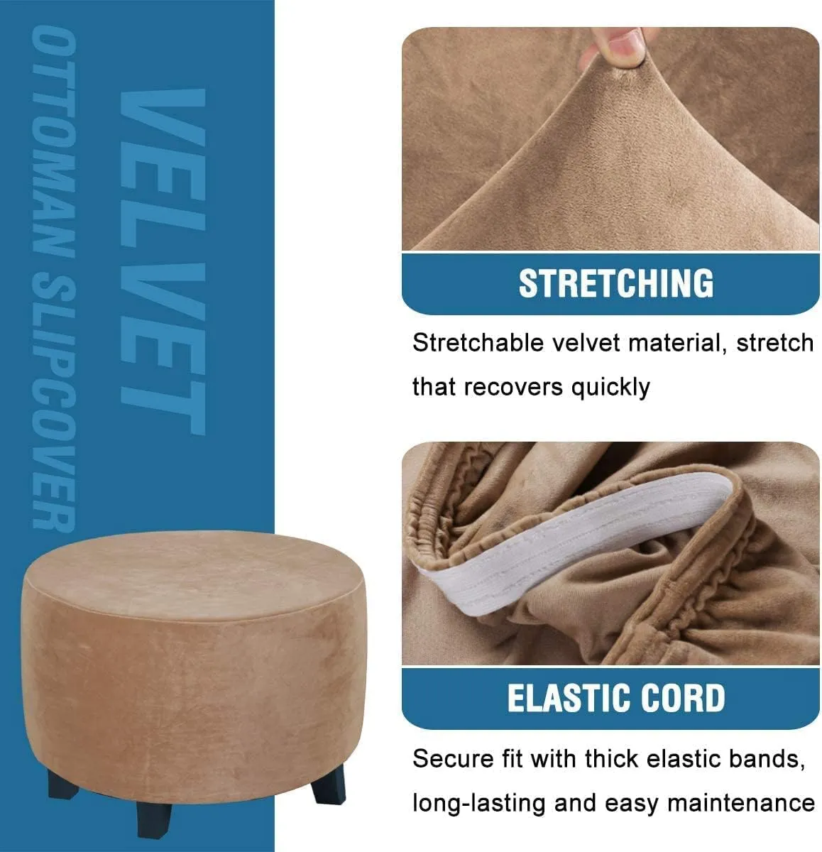 ADPON Velvet Plush Ottoman Cover,Super Stretch Round Ottoman Slipcover Washable Storage Stool Furniture Protector for Living Room (Large,Camel)