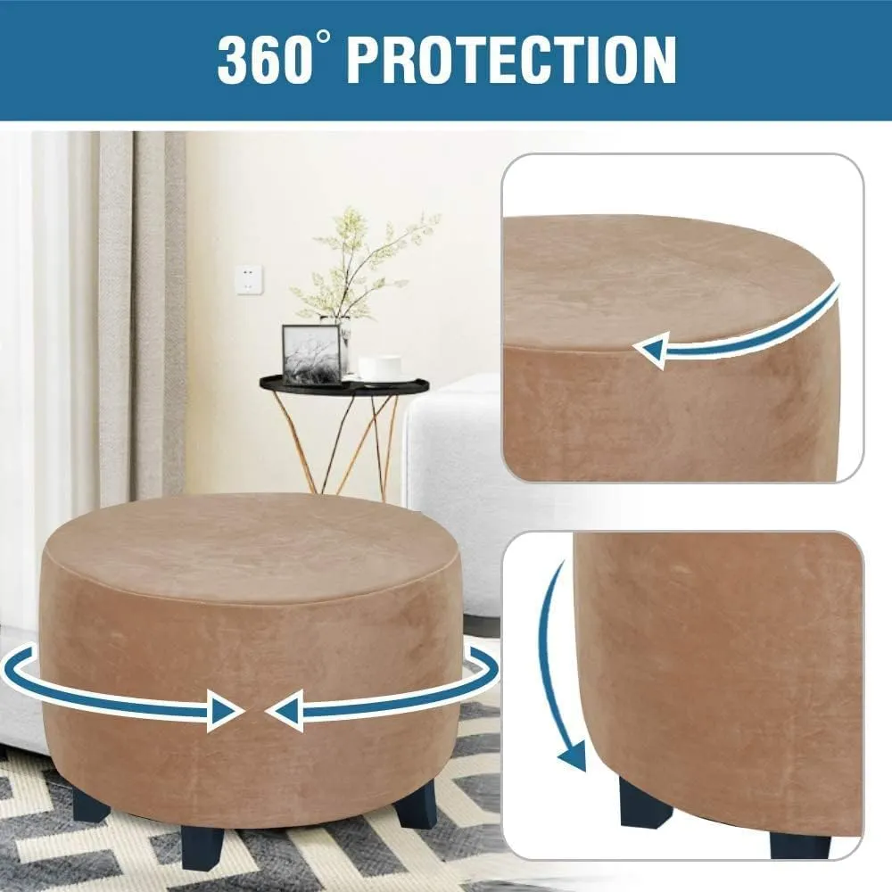 ADPON Velvet Plush Ottoman Cover,Super Stretch Round Ottoman Slipcover Washable Storage Stool Furniture Protector for Living Room (Large,Camel)
