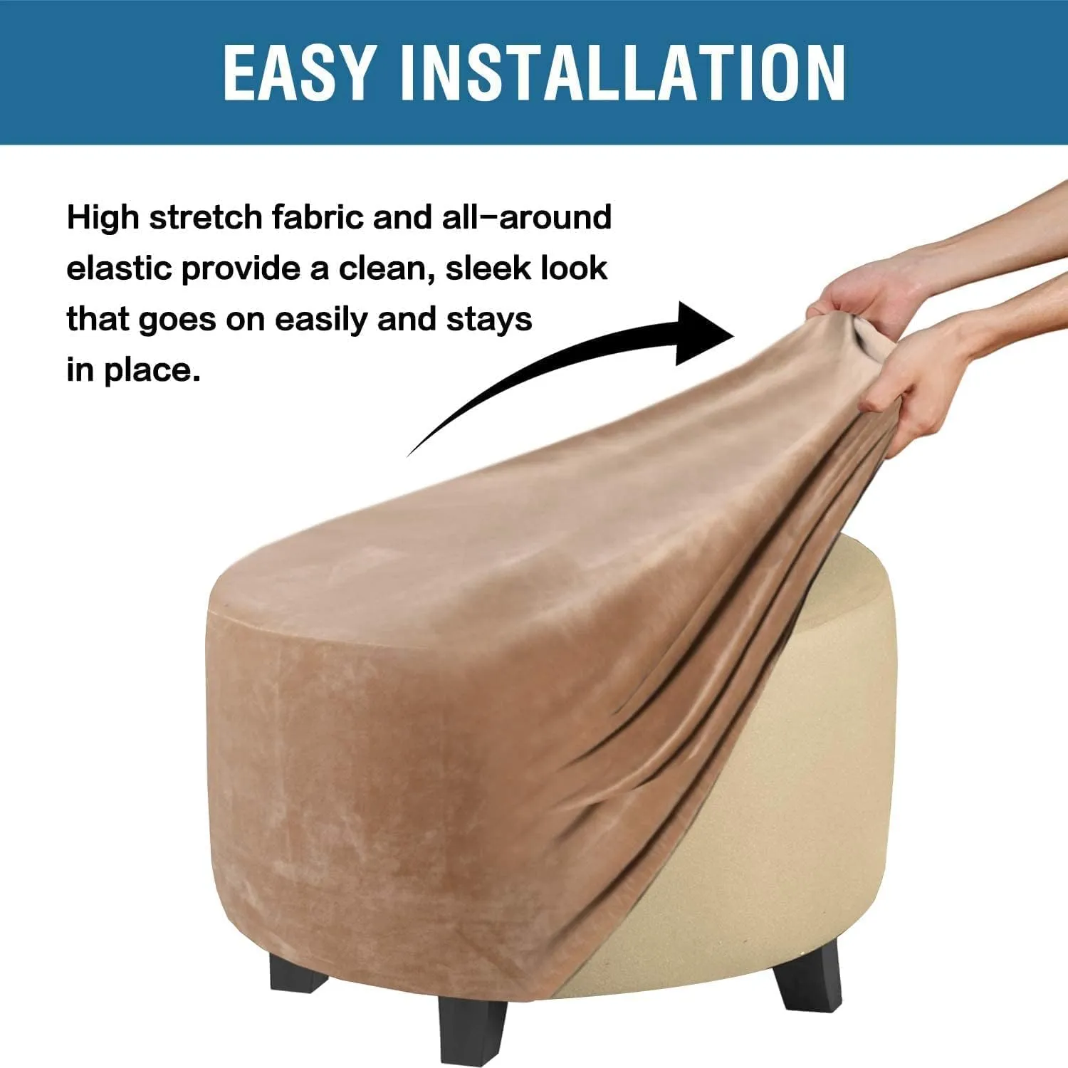 ADPON Velvet Plush Ottoman Cover,Super Stretch Round Ottoman Slipcover Washable Storage Stool Furniture Protector for Living Room (Large,Camel)
