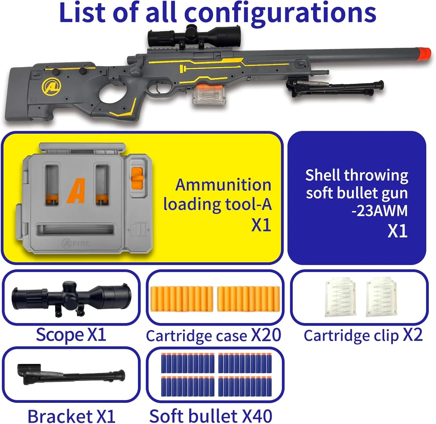 AGM MASTECH AWM Soft Bullet Toy Gun, Empty Shell Ejecting Design, Enhanced Scope, Dart Loader, 40 Soft Foam Darts, 20 Shells, 2 Magazines. Blasting Toy Foam Blaster for Boys and Girls (White)