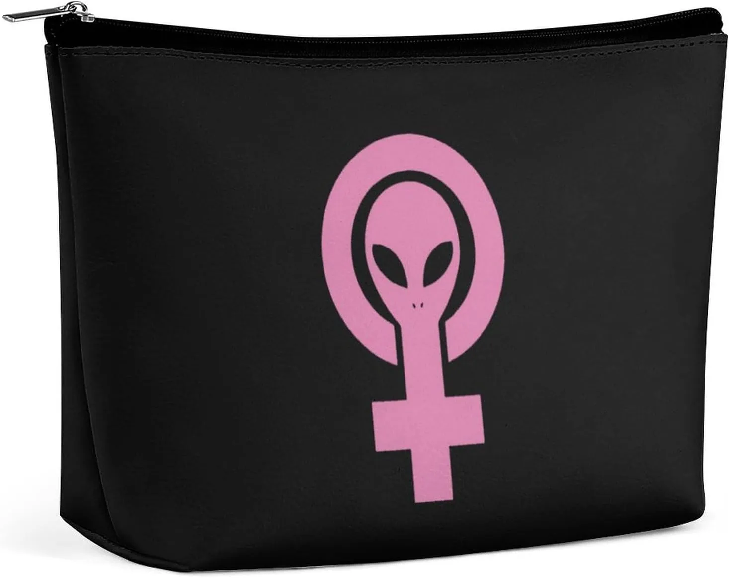 Alien Feminist Symbol Makeup Bag Portable Travel Cosmetic Bag Large Zipped Pouch PU Leather Organizer Bag Toiletry Bag