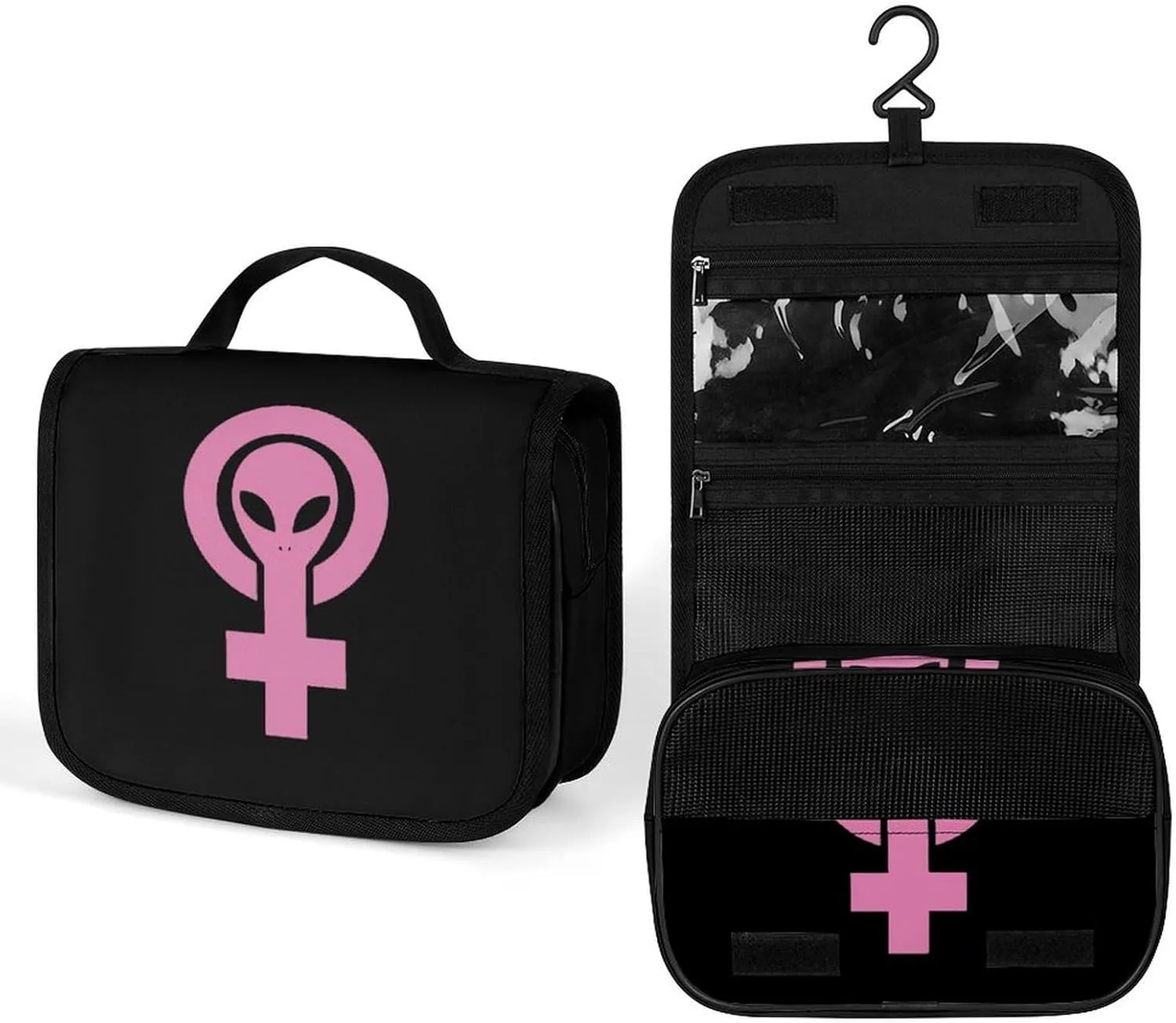 Alien Feminist Symbol Travel Toiletry Bag Full Print Wash Makeup Bag Portable Cosmetic Organizer with Hook Handbag