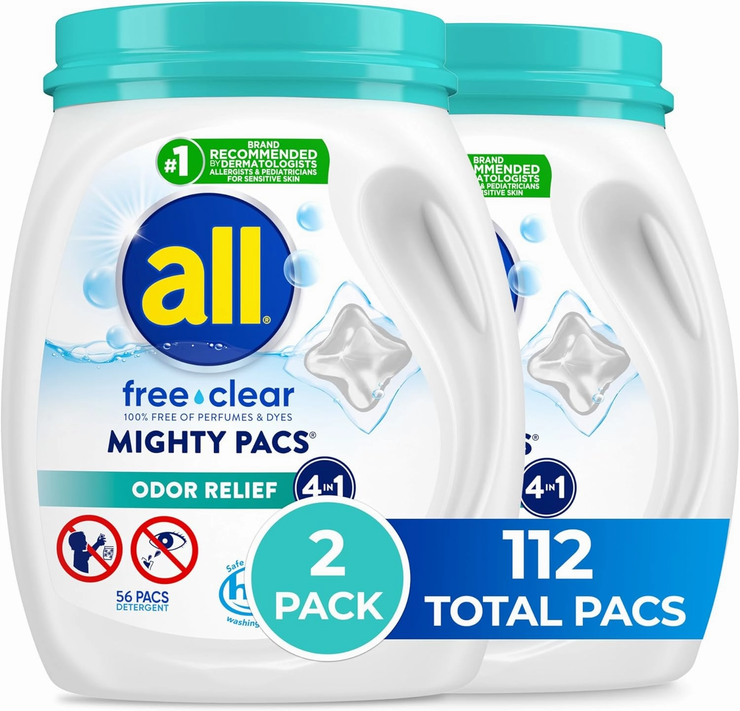All Mighty Pacs Laundry Detergent, Free Clear Odor Relief, Tub, 56 Count (Pack of 2), 112 Total Loads