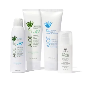 Aloe Up White Collection Sunscreen Spray SPF 50, White Collection Sunscreen Lotion SPF 30, After Sun Light Moisturizer, and SPF 25 For the Face Daily Moisturizer Sunscreen - Suncare Bundle - 4 Items