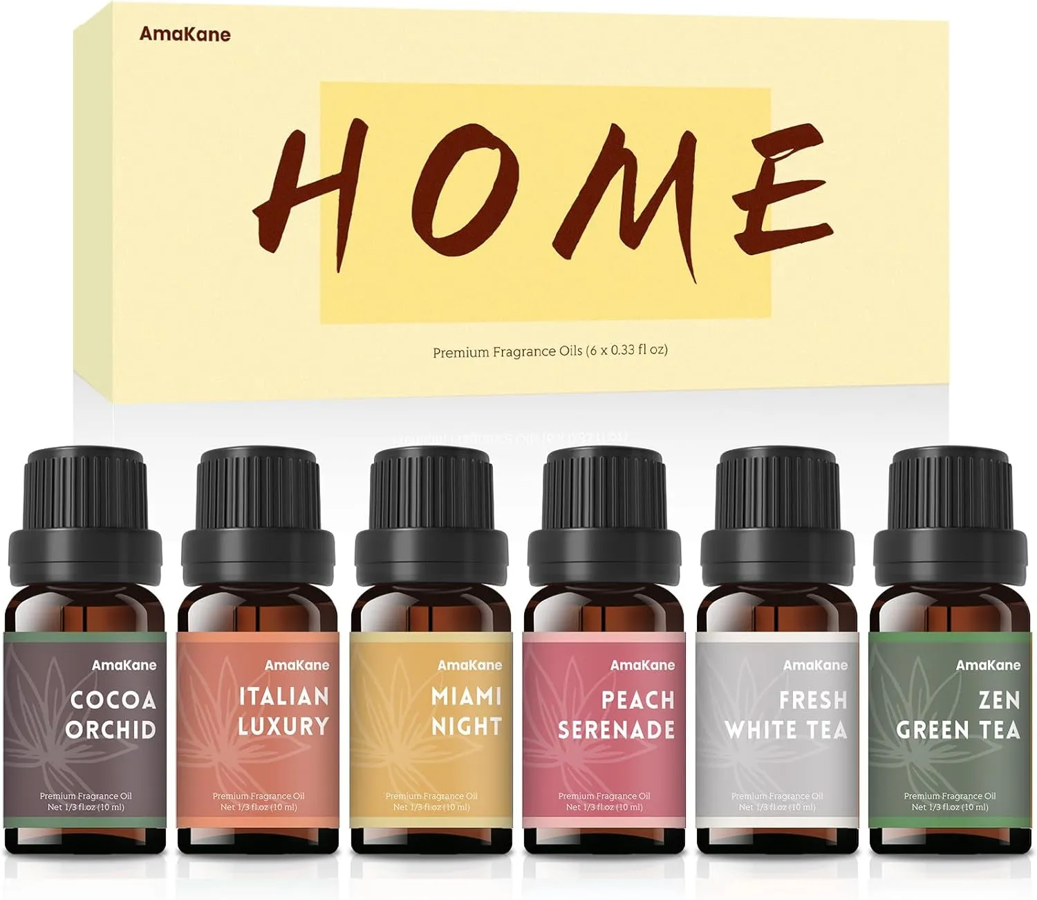 AmaKane Home Fragrance Oils, Diffuser Oils Scents for Home, Candle Making Scents, Fragrance Oil for Soap Making, Fresh White Tea, Cocoa Orchid, Peach Serenade and More Essential Oils, 6x10 ml