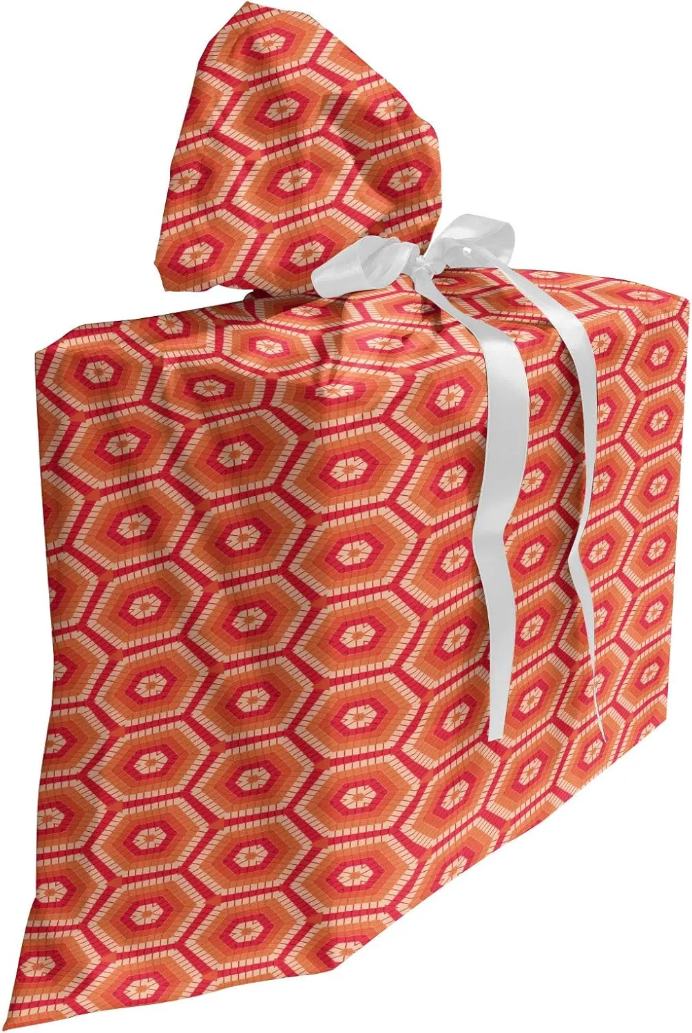 Ambesonne Abstract Fabric Gift Bag, Hexagonal Shapes with Stripes in Warm Tangerine Tones, Present Sack for Parties Birthdays with 3 Ribbons, 27, Pink Peach