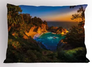 Ambesonne Big Sur Pillow Sham, Carmel California Exotic Scene with McWay Falls and Tropic Botany at Dusk, Decorative Standard King Size Printed Pillowcase, 36" X 20", Multicolor