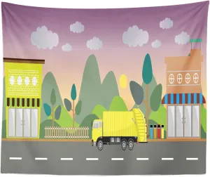Ambesonne Garbage Truck Tapestry King Size, View from the City Waste Machine Transporting Dump Clean Environment, Wall Hanging Bedspread Bed Cover Wall Decor, 104" X 88", Multicolor