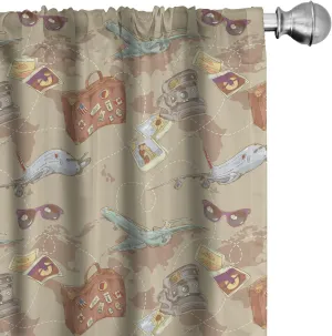 Ambesonne Travel Curtains, Repeating Pattern with Plane Bag Camera and World Map Vintage Retro Style Print, Window Treatments 2 Panel Set for Living Room Bedroom Decor, 56" x 95", Beige Brown