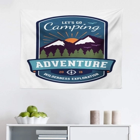 Ambesonne Adventure Tapestry, Signboard of Camping Wilderness Exploration Mountains Illustration, Fabric Wall Hanging Decor for Bedroom Living Room Dorm, 28" X 23", White and Multicolor