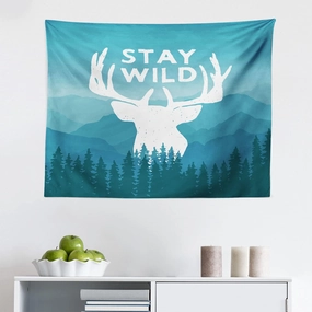 Ambesonne Adventure Tapestry, Wilderness Themed Stay Wild Words Scenic Mountain Backdrop Forest, Fabric Wall Hanging Decor for Bedroom Living Room Dorm, 28" X 23", Pale Blue Dark Blue