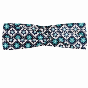 Ambesonne Boho Headband for Women, Folkloric Morocco Tile Inspired Squares with Flowers, Elastic Comfy Hair Accessory Knotted Head Wrap Everyday Use, XS-S, Seafoam Dark Blue