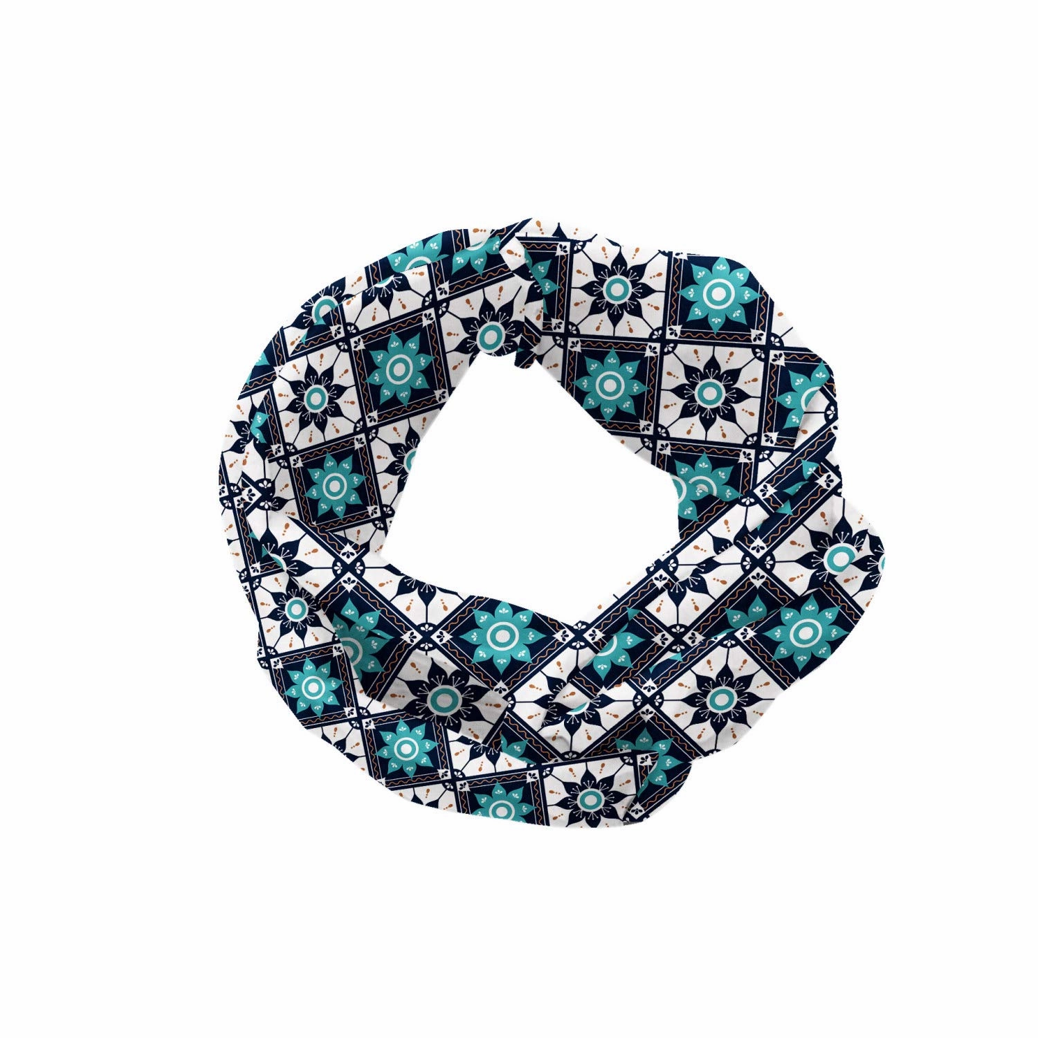 Ambesonne Boho Headband for Women, Folkloric Morocco Tile Inspired Squares with Flowers, Elastic Comfy Hair Accessory Knotted Head Wrap Everyday Use, XS-S, Seafoam Dark Blue