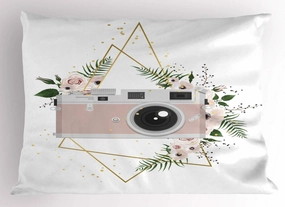 Ambesonne Camera Pillow Sham, Vintage Recording Machine Flowers Leaf Bouquet Wedding Bridal Theme, Decorative Standard King Size Printed Pillowcase, 36" X 20", Rose Forest Green Grey