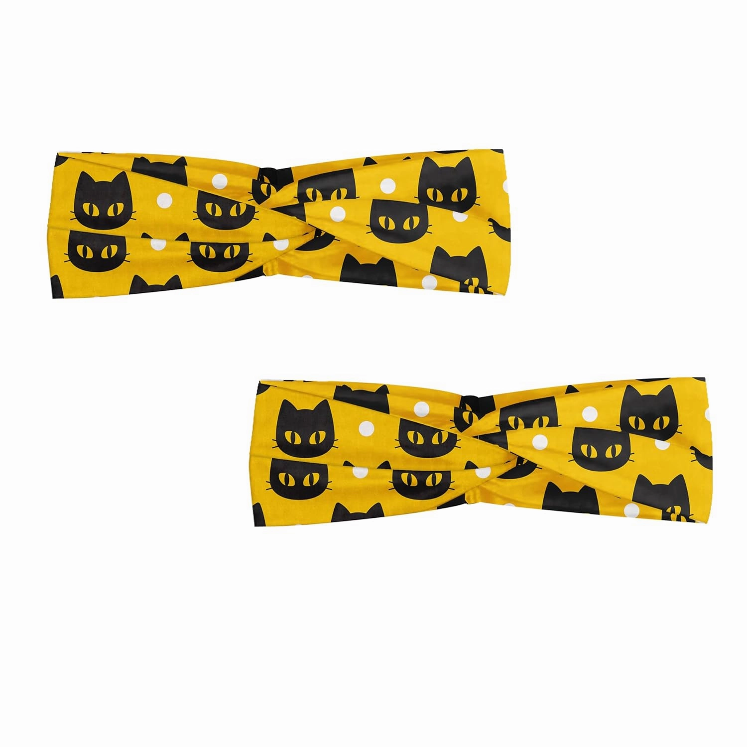 Ambesonne Cats Headband Set of 2, Funny Kitty Portraits Cartoon Halloween Theme on Polka Dots Trick or Treat, Knotted Elastic Hair Band Accessory for Women Everyday Use, M-L, Dark Grey Orange White