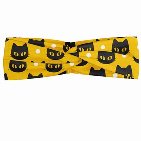 Ambesonne Cats Headband Set of 2, Funny Kitty Portraits Cartoon Halloween Theme on Polka Dots Trick or Treat, Knotted Elastic Hair Band Accessory for Women Everyday Use, M-L, Dark Grey Orange White