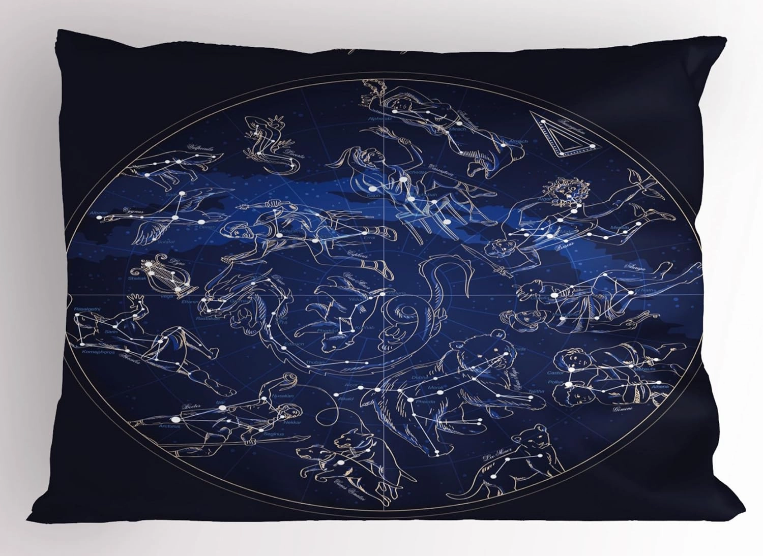 Ambesonne Constellation Pillow Sham, Antique Sky Map with Hand Drawn Mythological History Galaxy, Decorative Standard Queen Size Printed Pillowcase, 30" X 20", Blue Dark Blue Beige