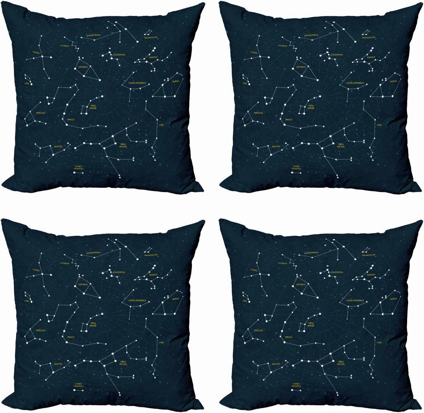 Ambesonne Constellation Throw Pillow Cushion Case Pack of 4, Sky Map Andromeda Lacerta Cygnus Lyra Hercules Draco Bootes Lynx, Modern Accent Double-Sided Digital Printing, 16", Dark Blue Yellow White
