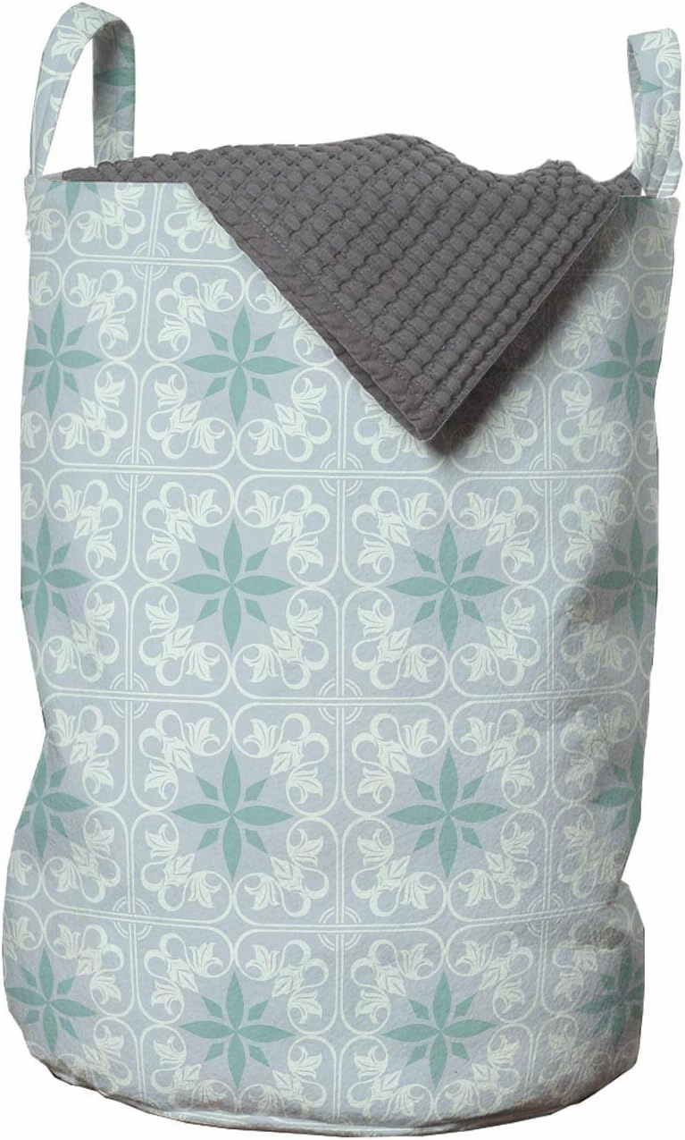 Ambesonne Ethnic Laundry Bag, Ornamental Nature Tone Leafy Motifs in Similar Soft Tones Floral Details, Hamper Basket with Handles Drawstring Closure for Laundromats, 13" x 19", Pale Grey Sea Green