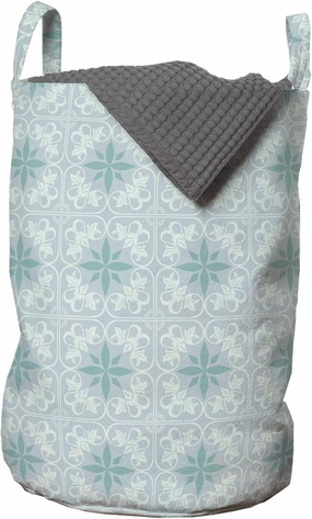Ambesonne Ethnic Laundry Bag, Ornamental Nature Tone Leafy Motifs in Similar Soft Tones Floral Details, Hamper Basket with Handles Drawstring Closure for Laundromats, 13" x 19", Pale Grey Sea Green