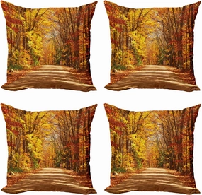 Ambesonne Fall Throw Pillow Cushion Case Pack of 4, Scenic View Outdoors Empty Roadway Surrounded with Deciduous Trees Image, Modern Accent Double-Sided Digital Printing, 24", Redwood Yellow Orange