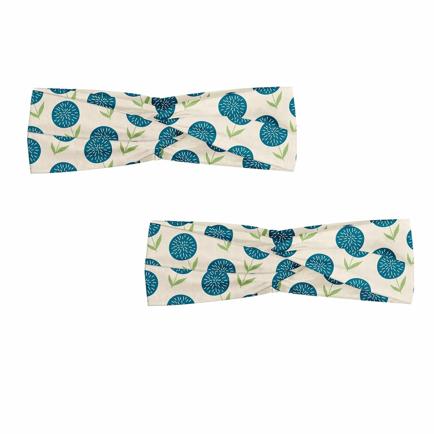 Ambesonne Floral Headband Set of 2, Hand Drawn Inspired Abstract Flowers Along Striped Petals in Doodle Style, Knotted Elastic Hair Band Accessory for Women Everyday Use, M-L, Blue and Pale Green