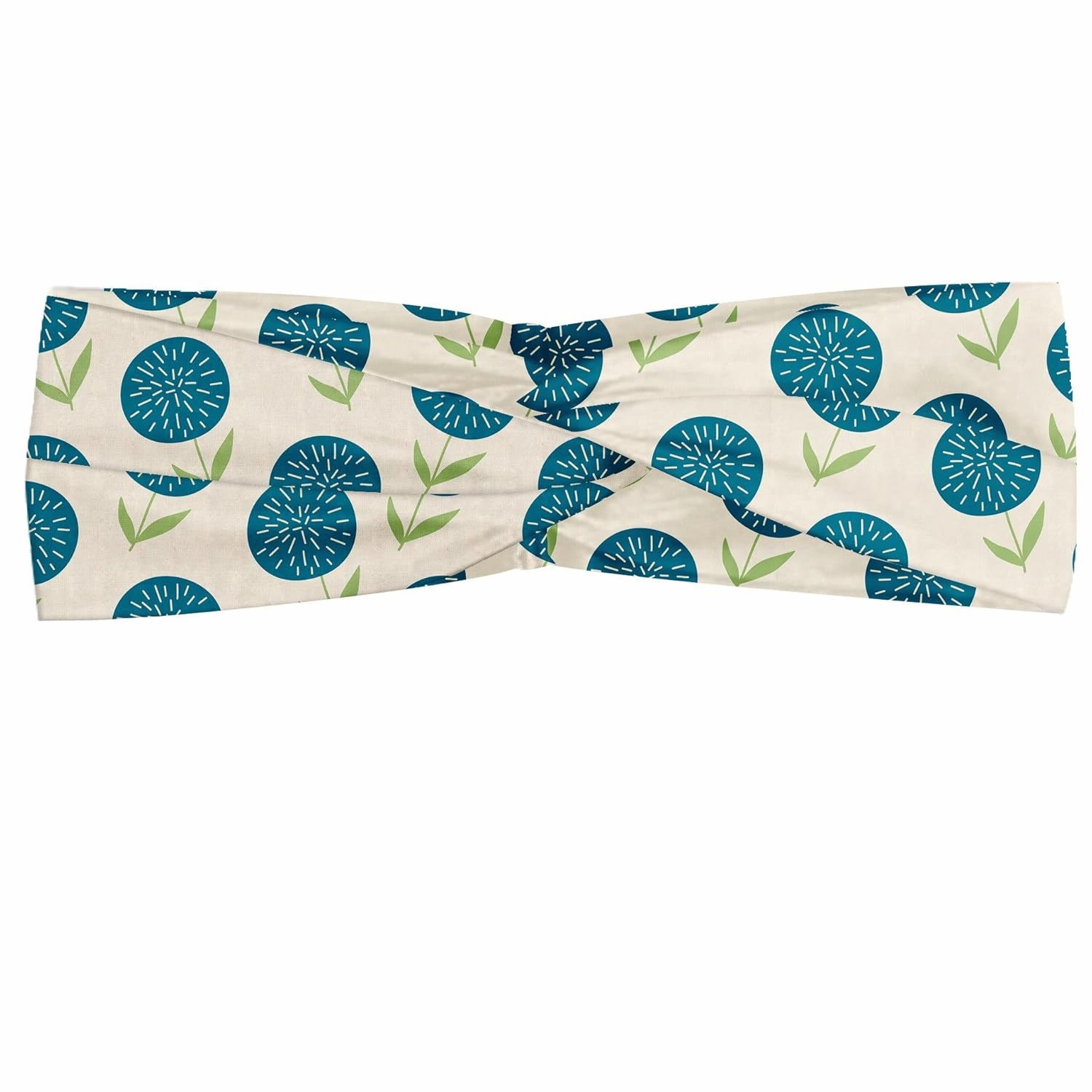 Ambesonne Floral Headband Set of 2, Hand Drawn Inspired Abstract Flowers Along Striped Petals in Doodle Style, Knotted Elastic Hair Band Accessory for Women Everyday Use, M-L, Blue and Pale Green