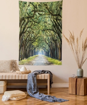 Ambesonne Forest Tapestry, Tranquil Pathway Strong Spring Trees Serene Nature Trekking Theme, Fabric Wall Hanging Decor for Bedroom Living Room Dorm, 30" X 45", Green and Brown