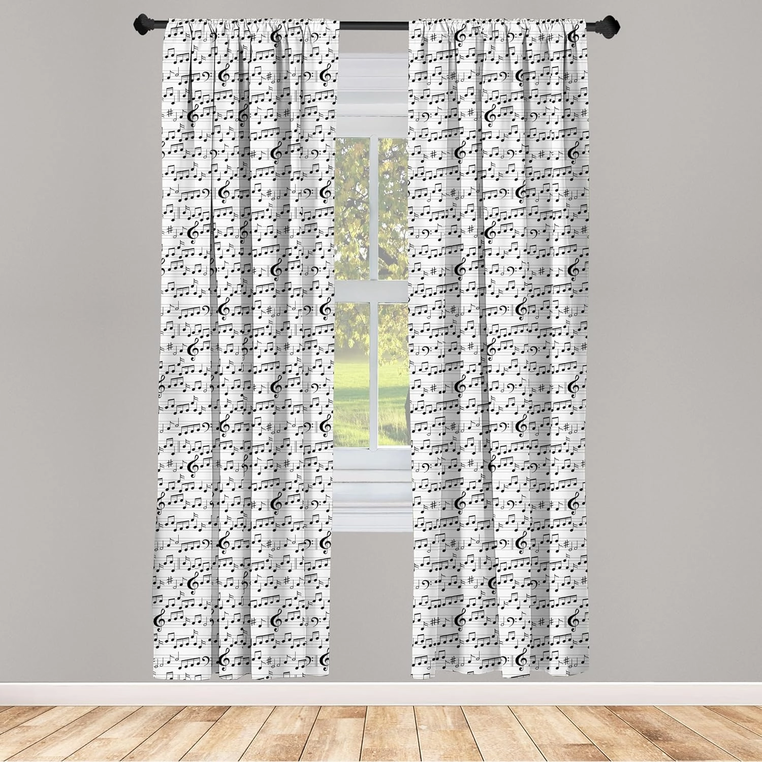 Ambesonne Music Window Curtains, Abstract Style Professional Pattern Notes and Clef Sheet Play Writing Print, Lightweight Decor 2-Panel Set with Rod Pocket, Pair of - 28" x 63", Black and White