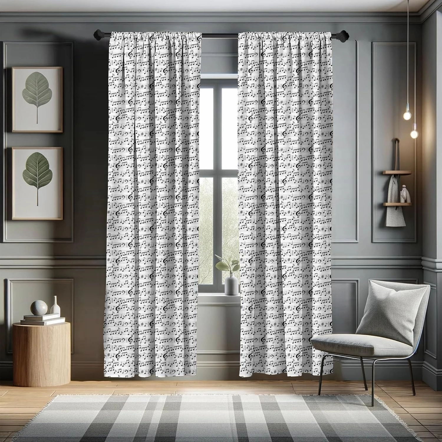 Ambesonne Music Window Curtains, Abstract Style Professional Pattern Notes and Clef Sheet Play Writing Print, Lightweight Decor 2-Panel Set with Rod Pocket, Pair of - 28" x 63", Black and White