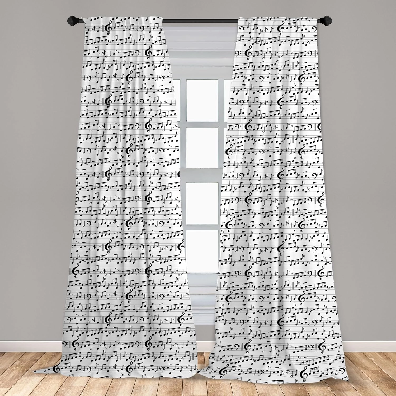 Ambesonne Music Window Curtains, Abstract Style Professional Pattern Notes and Clef Sheet Play Writing Print, Lightweight Decor 2-Panel Set with Rod Pocket, Pair of - 28" x 63", Black and White