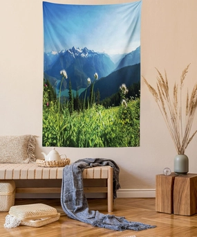 Ambesonne Nature Tapestry Twin Size, Diablo Lake Mountains Dandelions Thistle Flowers Wilderness Nature Image, Wall Hanging Bedspread Bed Cover Wall Decor, 68" X 88", Sky Blue Green
