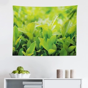 Ambesonne Plant Tapestry, Green Leaves with Sun Open Air Sunny Days Spring Time Happy Vibes Environment, Fabric Wall Hanging Decor for Bedroom Living Room Dorm, 28" X 23", Apple Green
