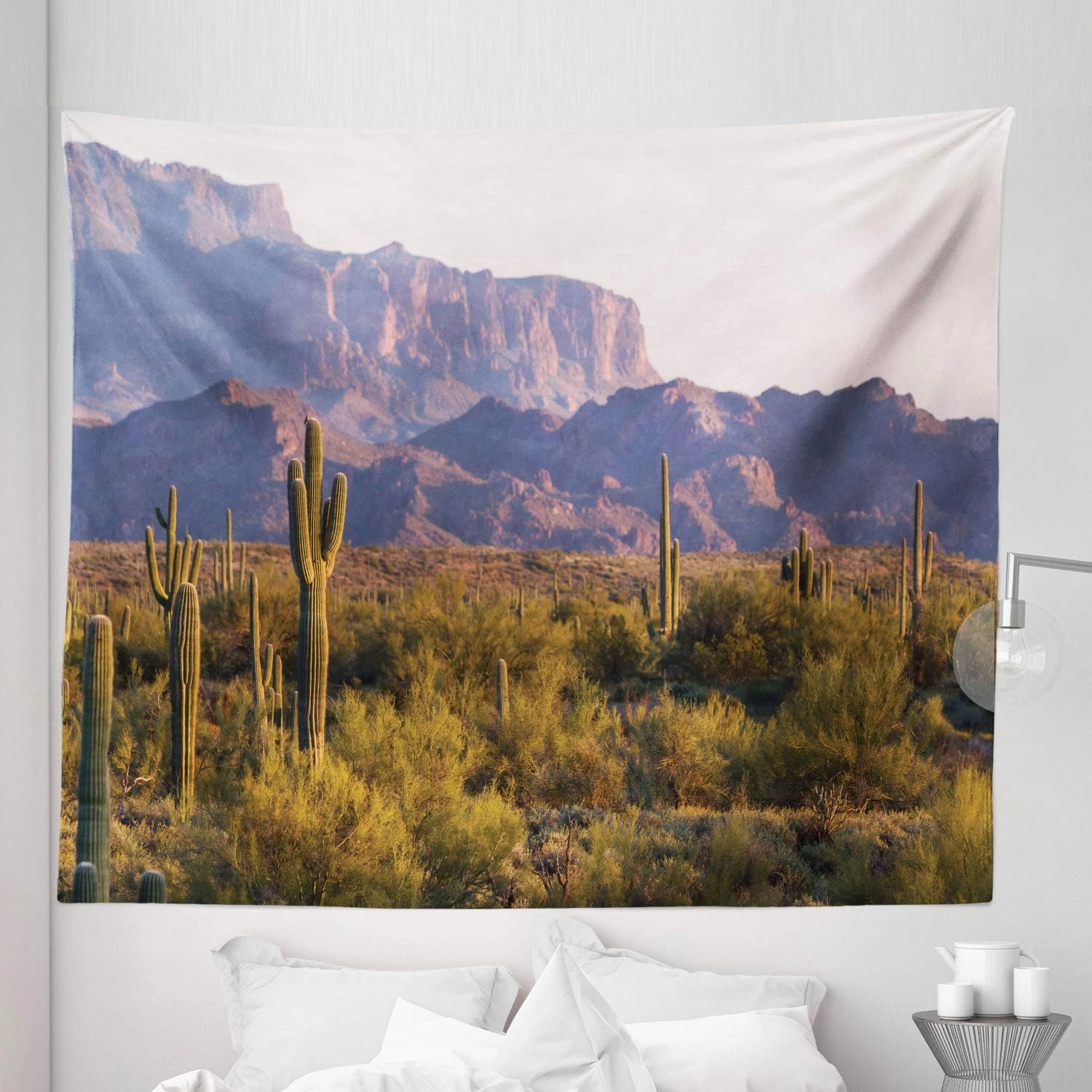 Ambesonne Saguaro Tapestry King Size, Arizona Desert Landscape with Cactus Mountain in Spring Evening Wilderness Picture, Wall Hanging Bedspread Bed Cover Wall Decor, 104" X 88", Brown Green