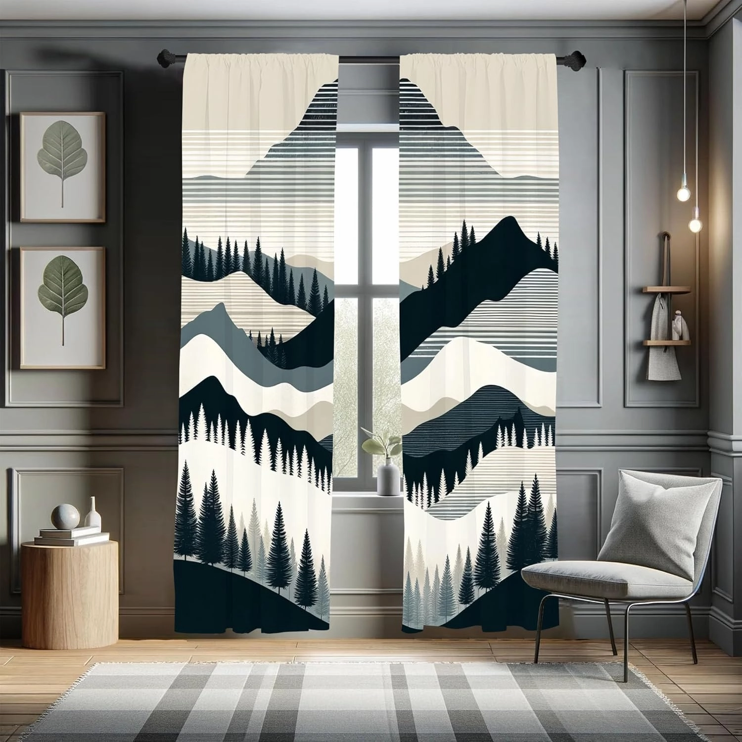 Ambesonne Striped Window Curtains Pack of 2, Mid Century Modern Boho Mountain Scenery with Woods and Line Details, Lightweight Set & Rod Pocket, 4 Panels of - 28" x 63", Dark Petrol Blue Eggshell