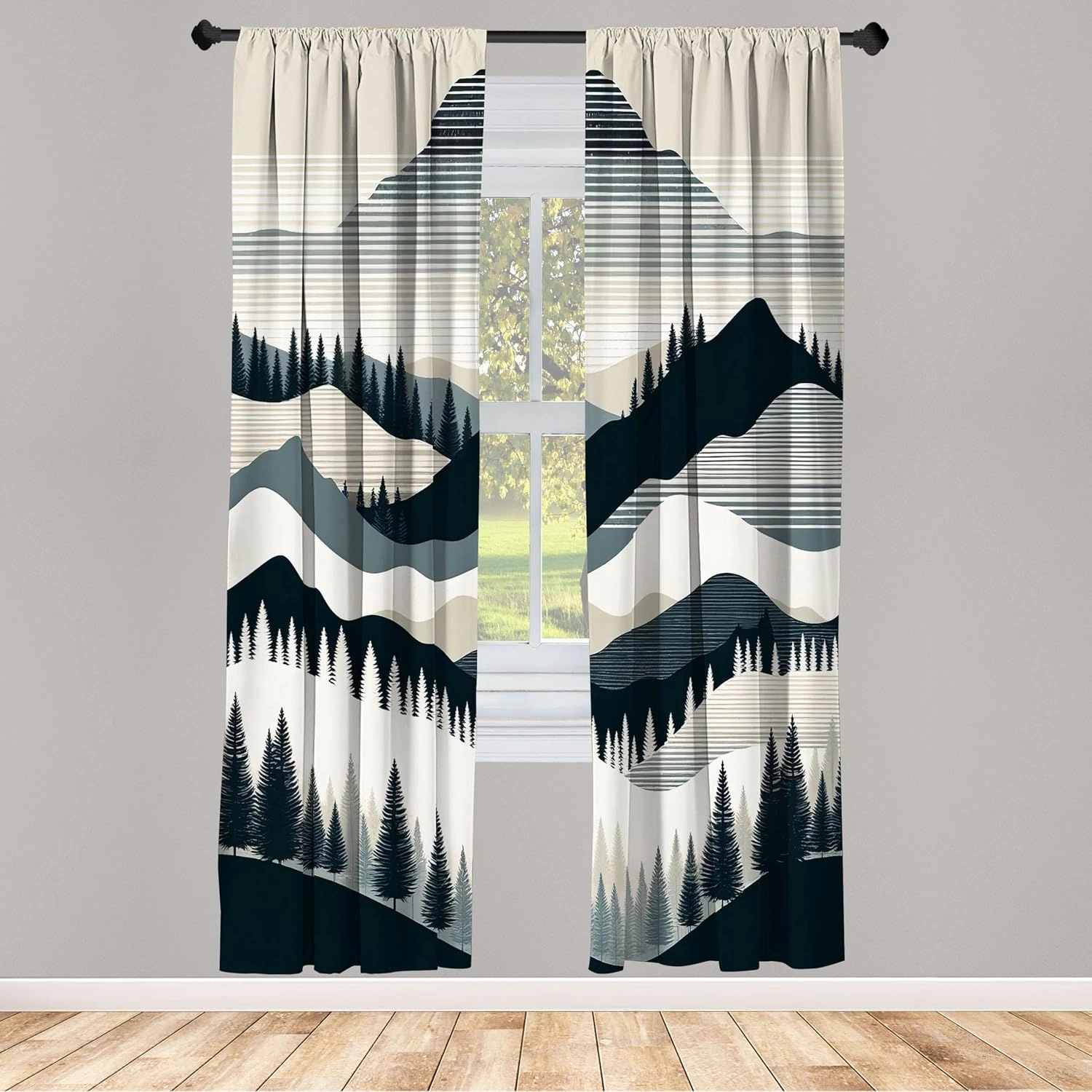 Ambesonne Striped Window Curtains Pack of 2, Mid Century Modern Boho Mountain Scenery with Woods and Line Details, Lightweight Set & Rod Pocket, 4 Panels of - 28" x 63", Dark Petrol Blue Eggshell