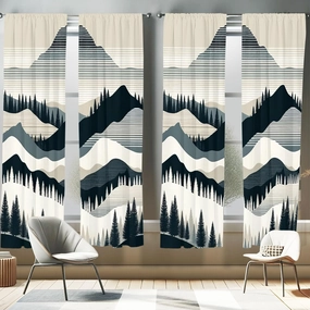 Ambesonne Striped Window Curtains Pack of 2, Mid Century Modern Boho Mountain Scenery with Woods and Line Details, Lightweight Set & Rod Pocket, 4 Panels of - 28" x 63", Dark Petrol Blue Eggshell